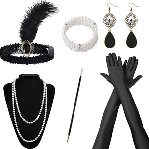 1920s Flapper Gatsby Party Bandeau Longs Gants Noirs Perle Collier Boucles D'oreilles Ensemble De <span class=keywords><strong>Bijoux</strong></span> <span class=keywords><strong>Porte</strong></span>-Cigarette Costume Accessoires - Product Image 1