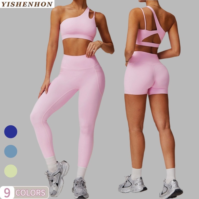YISHENHON NEW Trend Breathable Quick Drying Tight Women Yoga Suit Pocket Running Legging Oblique Shoulder Butt Lifting Set