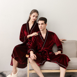 Peignoir <span class=keywords><strong>de</strong></span> luxe <span class=keywords><strong>personnalisé</strong></span> bleu marine unisexe en flanelle Kimono Dressing Gown pour la maison Salon ou hôtel Peignoir <span class=keywords><strong>de</strong></span> beauté avec velours doré - Product Image 6