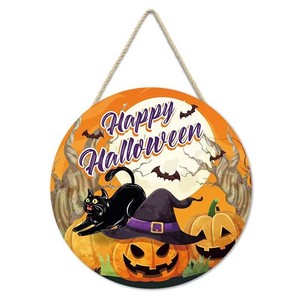 Letrero Redondo de Madera para Colgar en la Puerta de Halloween, Decoración de Halloween con Letras Impresas, Calabaza Espeluznante, Gato Negro, Bruja, Decoración de Pared - Product Image 6