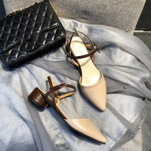 XYM <b>Sandals</b> for Women Low-heel Tip Fairy Style Simplicity Leather Face Solid Color Buckle Simple Low-fronted Outerwear - Product Image 3