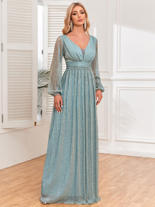 <span class=keywords><strong>Robe</strong></span> de soirée élégante pour femme, à manches longues, col en V, fluide, doublée, plissée, extensible, transparente, pour les occasions formelles - Product Image 5