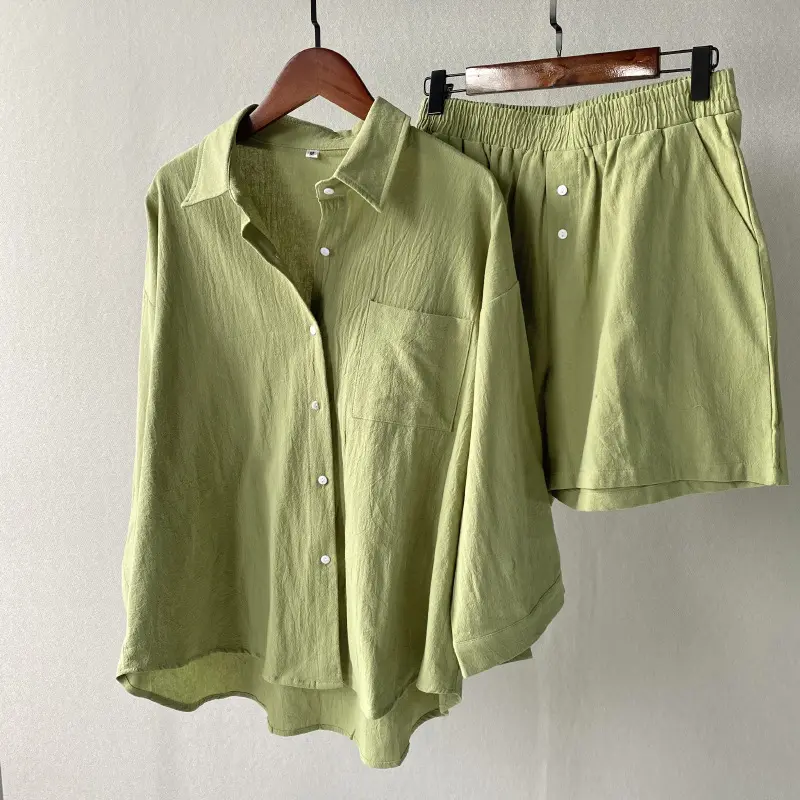 Gulidd-traje de lino y algodón camisa de 2022 para mujer, pantalones cortos holgados de cintura alta, talla grande Retro, 2 piezas