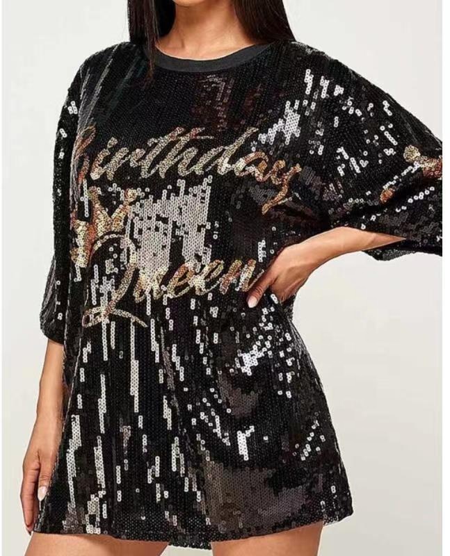 Women's Sequin T Shirt Dress - Its My Birthday with Gold Crown