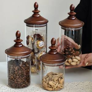 Pot en verre de rangement de qualité alimentaire, design <span class=keywords><strong>rond</strong></span> et pointu, style rétro européen, pour céréales et grains, pot à café haut de gamme avec couvercle en bambou - Product Image 4