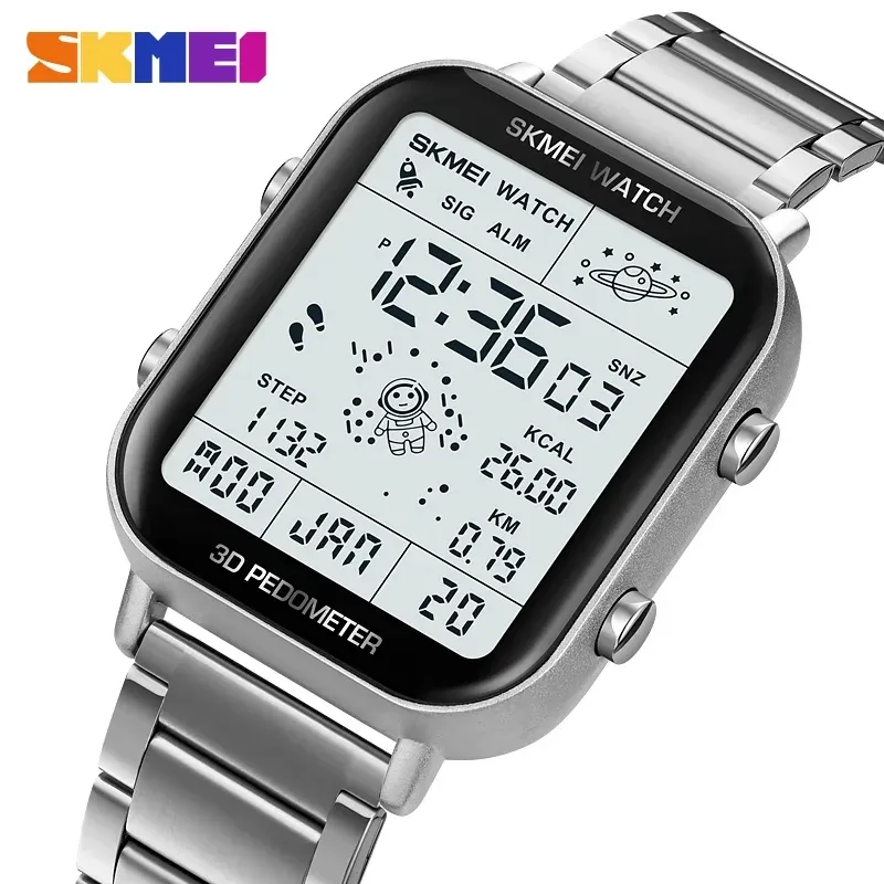 SKMEI 1888 jam tangan Digital pria, Pedometer multifungsi kalori Mileage waktu ganda olahraga Stainless Steel tahan air