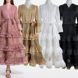 เดรสแฟชั่นเอวแขนบานมีระบายลายฉลุลูกไม้แบบประกบแนววินเทจ - Product Image 1