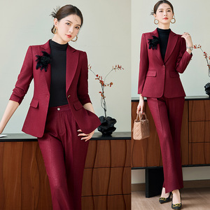 Women's Burgundy Suit Set Long Sleeve Slim Fit Formal Wear For Presenters Anti-Wrinkle Diamond Pattern Polyester Fabric - Product Image 1