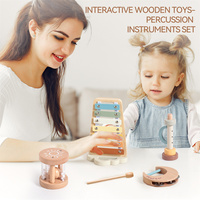 Wooden Musical Instruments Toy Set Morandi Pastel Xylophone Moon Tambourine Sun Rattle Flute Toddler Educational Toys Gift Set