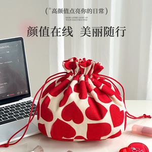 Heart Shaped Drawstring <b>Makeup</b> <b>Bag</b> Corduroy Travel Cosmetic Storage Pouch For Skincare Toiletries <b>Large</b> Capacity - Product Image 5