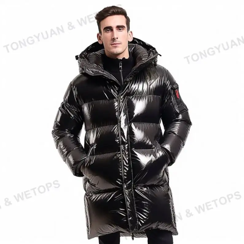 2023 Shiny Black Down Custom Logo Longline Long Bubble Padded Winter Parka Outdoor Puffer Plus Size Men Jackets Men's Down Coa