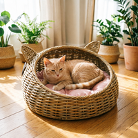 Lit pour chat en rotin PE tressé à la main, coussin doux, motif feuille écologique, mignon, confortable, respirant, lavable, résistant à l'usure - Grande Vente