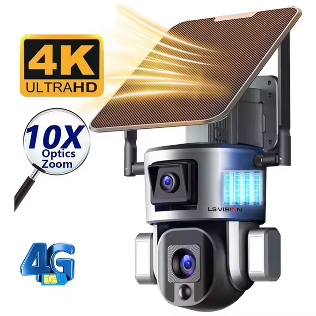 LS VISION 4MP 4G 4K HD 10X Zoom Wireless Outdoor Solar Powered Security IP Human Track 8MP Dual Lens CCTV 4g Solar Ptz Camera