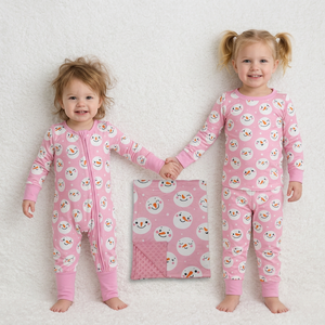 Ensemble assorti pour bébé, imprimé bonhomme de neige rose, combinaison en bambou avec fermeture éclair, pyjama à manches longues pour enfants - Product Image 1