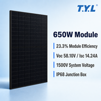 Panneau solaire 650W demi-cellules tout noir type N TOPCon bifacial double vitrage, efficacité 23,3%, garantie 30 ans TUV IEC CE