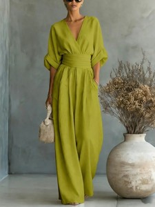 Combinaison élégante pour femme, col en V, taille haute, jambes larges, printemps-été, décontractée, pour le travail, une pièce - Product Image 6