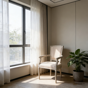 <span class=keywords><strong>Fauteuil</strong></span> en bois massif blanc cassé de style campagne française, assise en lin beige rembourrée, finition vieillie antique, meubles pour salon - Product Image 6