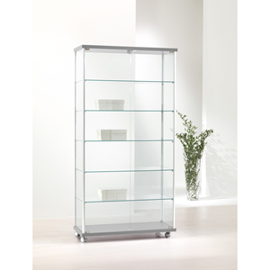 Vitrine 95x39x185 cm, portes en verre gris clair, étagères réglables, base roulante - Product Image 1