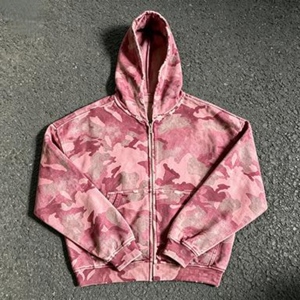 100% Cotton French Terry Vintage Distressed Camouflage Hoodie <b>Zip</b> <b>up</b> <b>Jacket</b> Hooded Sweatshirt for Men Custom Logo - Product Image 1