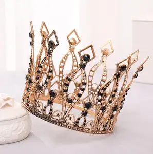 2020 nieuwe Gouden Bruiloft Haar zwarte Barokke Vintage Crystal Tiara 'S Kronen Voor Vrouwen Parel Handgemaakte Bridal Ronde Kronen Haar