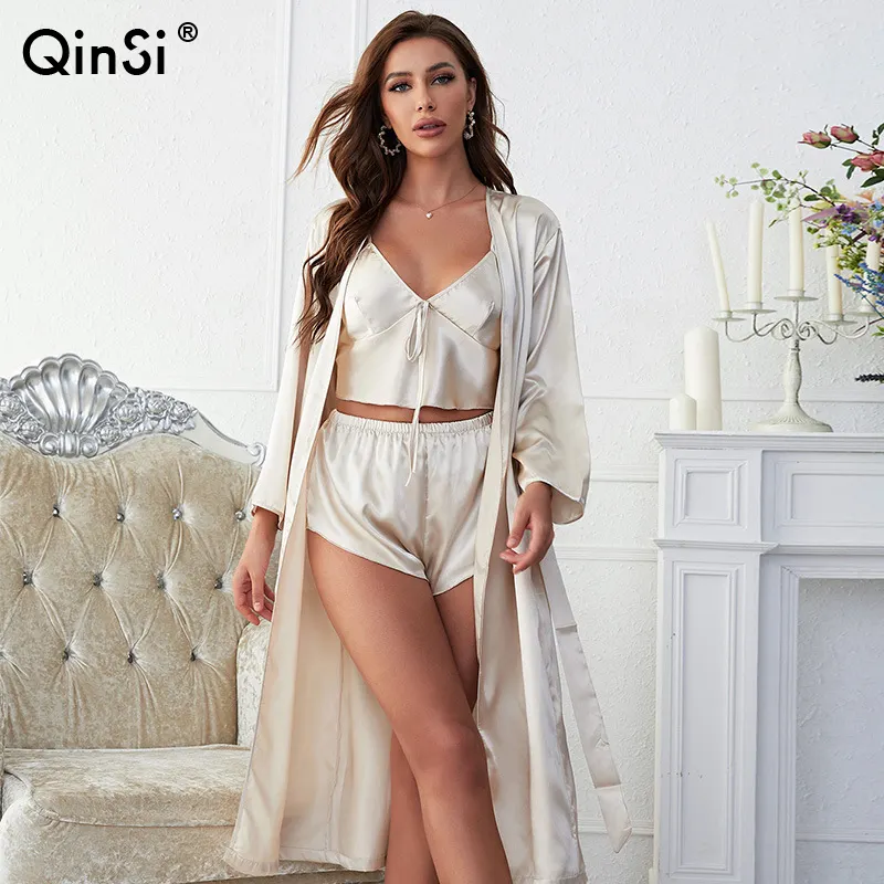 Qinsi nữ thời trang treo quần short đồ ngủ thoải mái lụa satin Áo choàng tắm mới băng lụa Áo choàng tắm