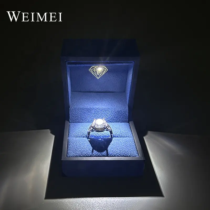 custom drawer blue suede specialty paper gold stamping luxury light sleeve package custom ring led jewelry box