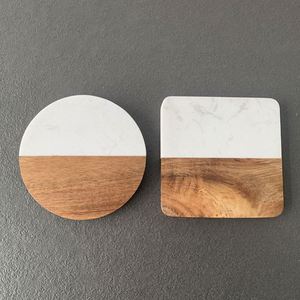 <b>Round</b> Square Acacia Wood and Marble Splicing Coasters Home Office Tea Coffee Cup <b>Mats</b> Pads Custom Logo - Product Image 1