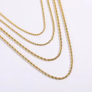 Mode Simple En Acier Inoxydable 18K Or PVD Plaqué Bijoux 2mm 3mm Étanche Longue Corde Torsadée Chaîne Collier P243445