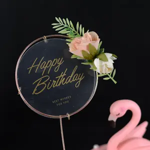 Kue Dekorasi Bunga Hutan Selamat Ulang Tahun Logam Persegi Besi Bulat Kue Topper untuk Kue Dekorasi Meja Dessert