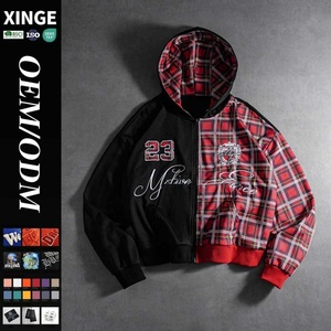 Nouveau Hoodie Zippé 2025 Personnalisé avec Patch Brodé et Motif Patchwork à Carreaux, Coupe Oversize Boxy Courte, Style Streetwear pour Homme - Product Image 1