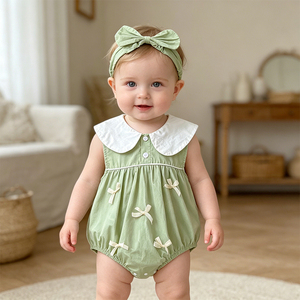 Mono de verano 2026 para bebé niña, diseño de princesa, de algodón fino, con lazo verde y cuello fresco, incluye diadema. - Product Image 1