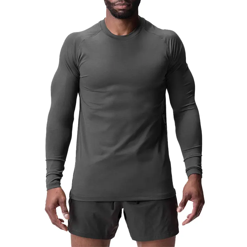 Özel atletik sıkıştırma uzun kollu O boyun boy Polyester Spandex koşu kas Fit egzersiz spor erkek spor T shirt