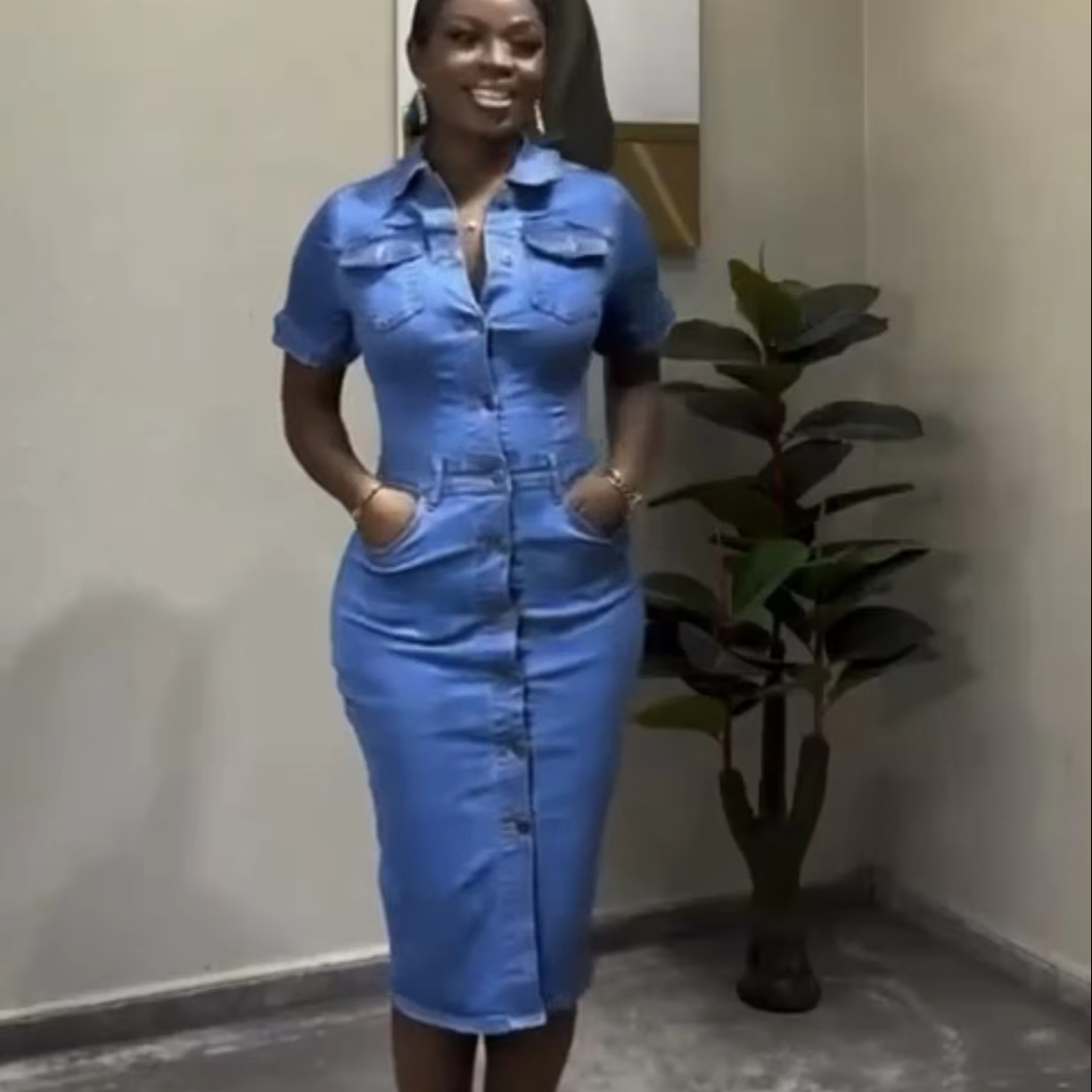 Women Denim Dress Short Sleeved Casual Elegant Solid Color Knee-Length Dress  Single Breasted Denim Dress| Alibaba.com