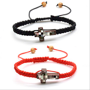 Handmade Chinese Knot <b>Red</b> And Black Rope <b>Bracelet</b> Tibetan Silver Alloy Cross Pattern Unisex Gift Jewelry RB-241 - Product Image 5