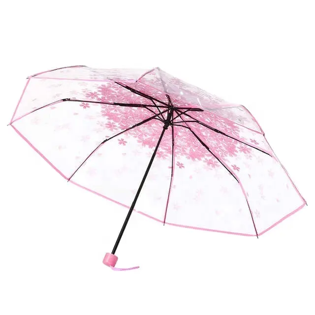 Payung transparan melindungi dari angin hujan Cherry Sakura 3 lipat Pvc payung perempuan portabel lucu perlengkapan hujan Rumah Tangga