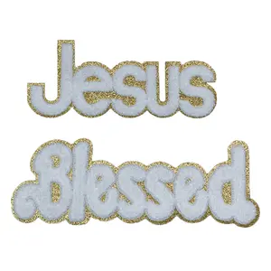 aufgebügelter bunter fein-gold-pulverrand chenille-wort jesus gesegneter patch für die dekoration der kleidungstasche
