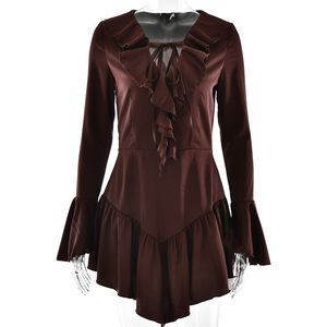 Robe de soirée européenne et américaine à volants, col en V, à nouer, manches longues, jupe courte, avec superposition transparente - Product Image 5