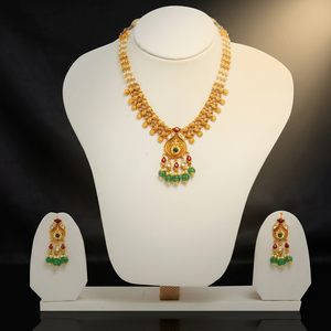 22K Gold Kundan Temple <b>Necklace</b> Set with <b>Ruby</b> Emerald Stones Pearl Beads and Matching Earrings for Indian Bridal Wedding Jewelry - Product Image 6