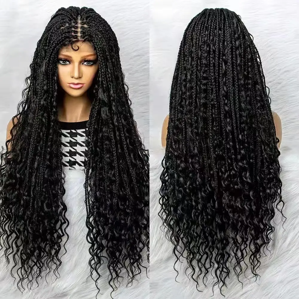 Cheap Wholesale Long Faux Locs Curly Dreadlock Lace Front Crochet Box Braid Wig Butterfly Synthetic Braided Wigs for Black Women