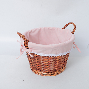 Rustic Antique Circle Wicker Picnic Basket <strong>Empty</strong> Easter <strong>Hamper</strong> with Folding Handles Willow Garden Harvest - Product Image 3