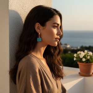 Design carré Turquoise boucles d'oreilles à la mode clair CZ pierre géométrique turc en gros à la main 925 bijoux en argent Sterling - Product Image 3