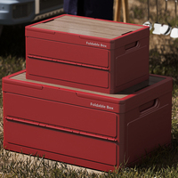 Boîte de rangement en plastique empilable et pliable avec couvercle en bois et poignée, portable pour le camping, les pique-niques en extérieur, organisateur de table, caisse, bac pour coffre de voiture