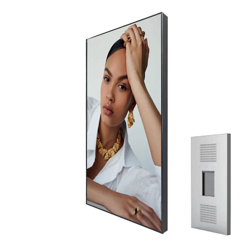 شاشة عرض إعلانات رقمية تثبت على الحائط في الأماكن المغلقة ولها حافة رفيعة للغاية تبلغ 43 بوصة شاشة LCD عالية الإضاءة تعمل بنظام الأندرويد