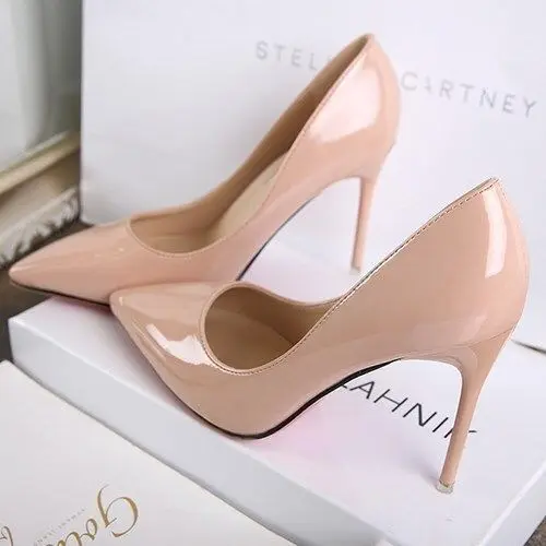 High Heels 2021 Autumn Shallow Mouth Patent Leather Women's Shoes Pointed Toe Nude Single Shoes Women Stiletto Professional Work