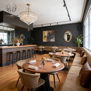 Ensemble <span class=keywords><strong>de</strong></span> mobilier moderne et personnalisé pour salon <span class=keywords><strong>de</strong></span> thé et café : tabourets hauts ronds en bois et cuir, table <span class=keywords><strong>de</strong></span> restaurant, chaise et banquette. - Product Image 2