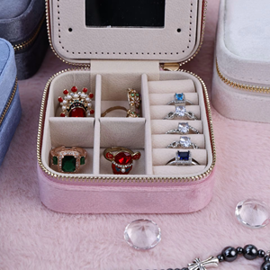 Portable Velvet Jewelry <b>Box</b> with Zipper Closure Square Shape for Jewellery Storage in Pink White Blue Colors - Product Image 5