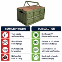 Boîte de rangement pliable pour le camping, empilable, portable, avec couvercle en bois, bac organisateur en PP, pour pique-nique, maison, extérieur