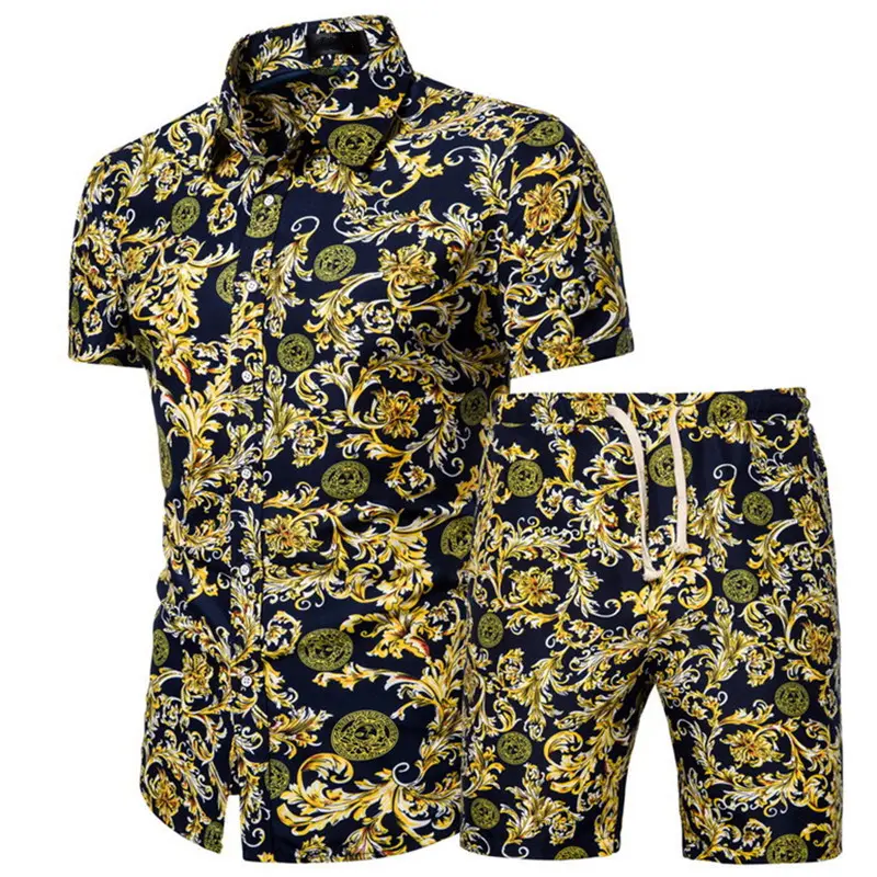 Zomer Badmode Heren Hawaiian Tweedelige Strand Man Board Zwembroek Set Shirt Pak Badpakken Voor Heren