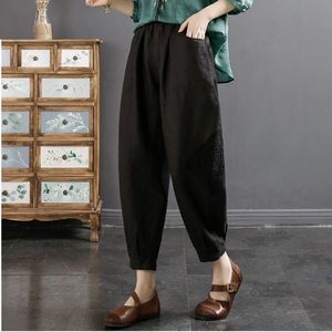 Cotton Linen Lantern Pants With Embroidered Pocket Loose Casual Summer Women's Cropped Pants Natural Hemp Khaki - Product Image 4