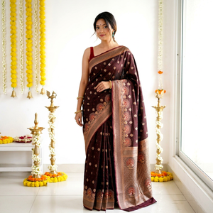 AARA Fashion Saree traditionnel en soie pour femme, broderie or bordeaux, longueur ras du sol, tenue de mariage, style Inde Pakistan, protection solaire - Product Image 1